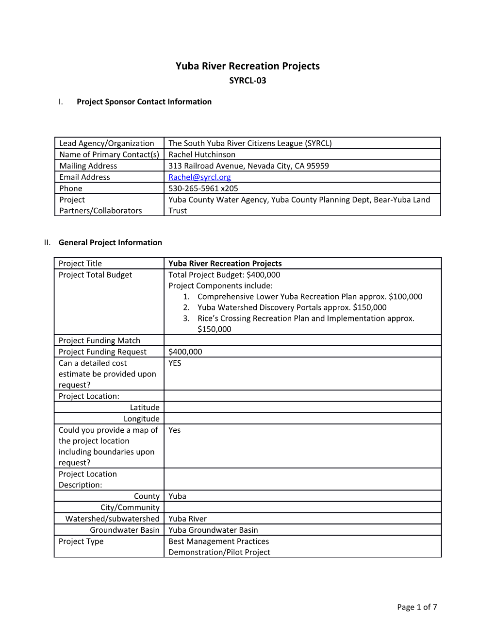 Yuba River Recreation Projects SYRCL-03