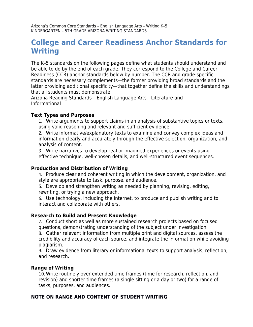 College and Career Readiness Anchor Standards for Writing