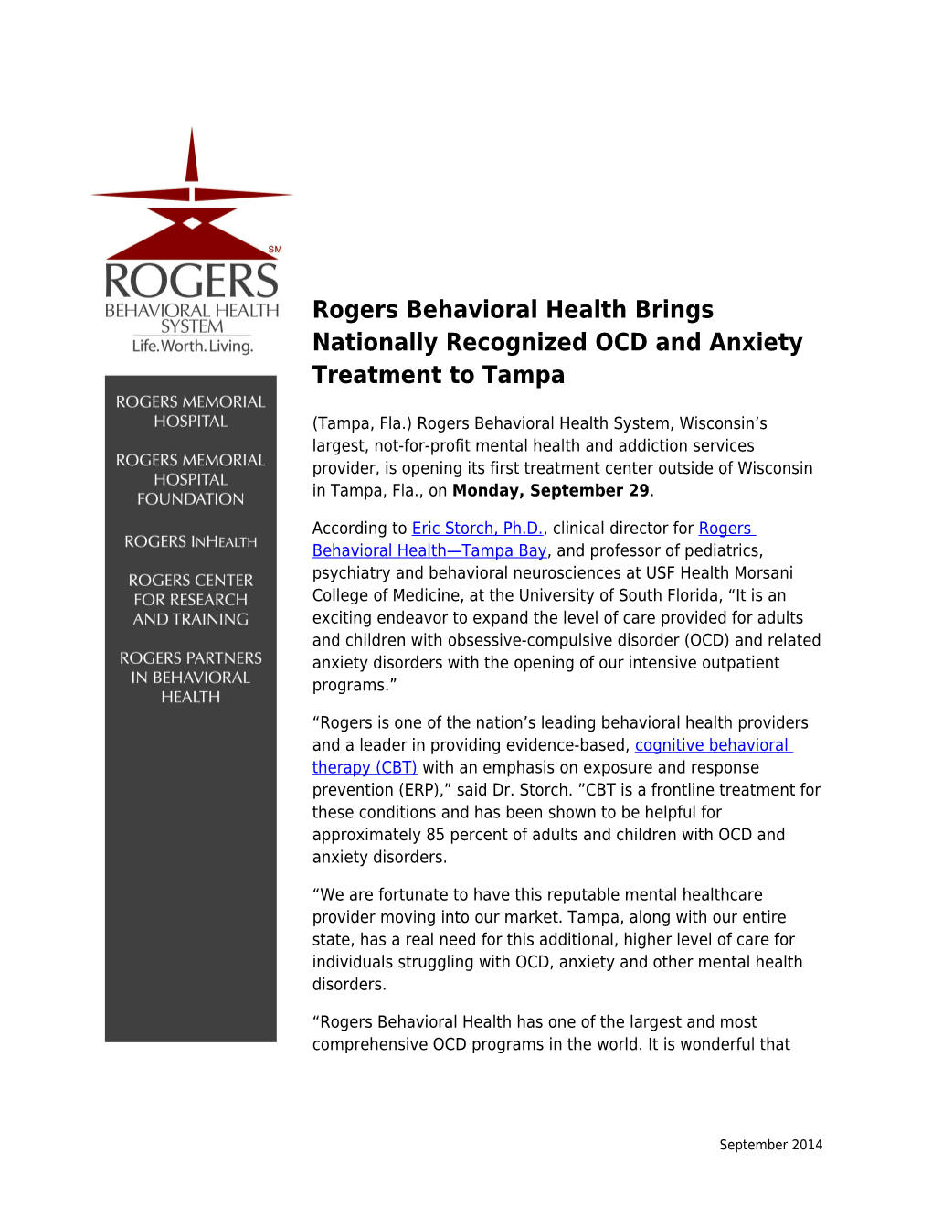 Rogers Behavioral Health Brings Nationally Recognized OCD and Anxiety Treatment to Tampa