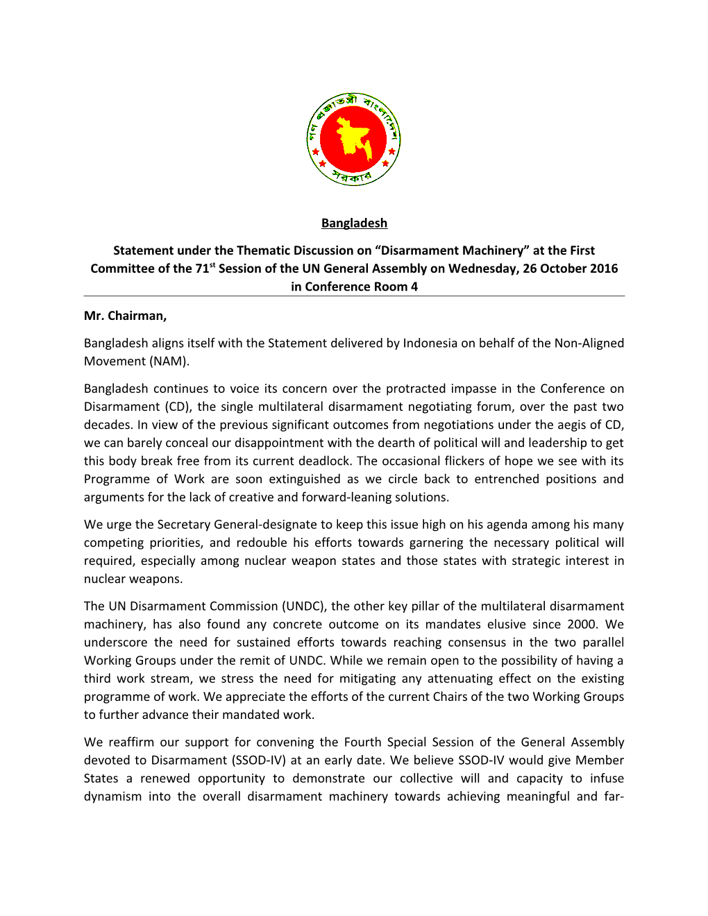 Statement Under the Thematic Discussion on Disarmament Machinery at the First Committee