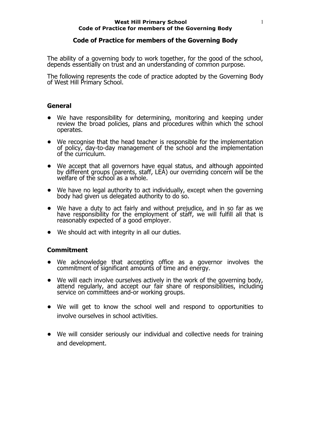 Code of Practice for Members of the Governing Body