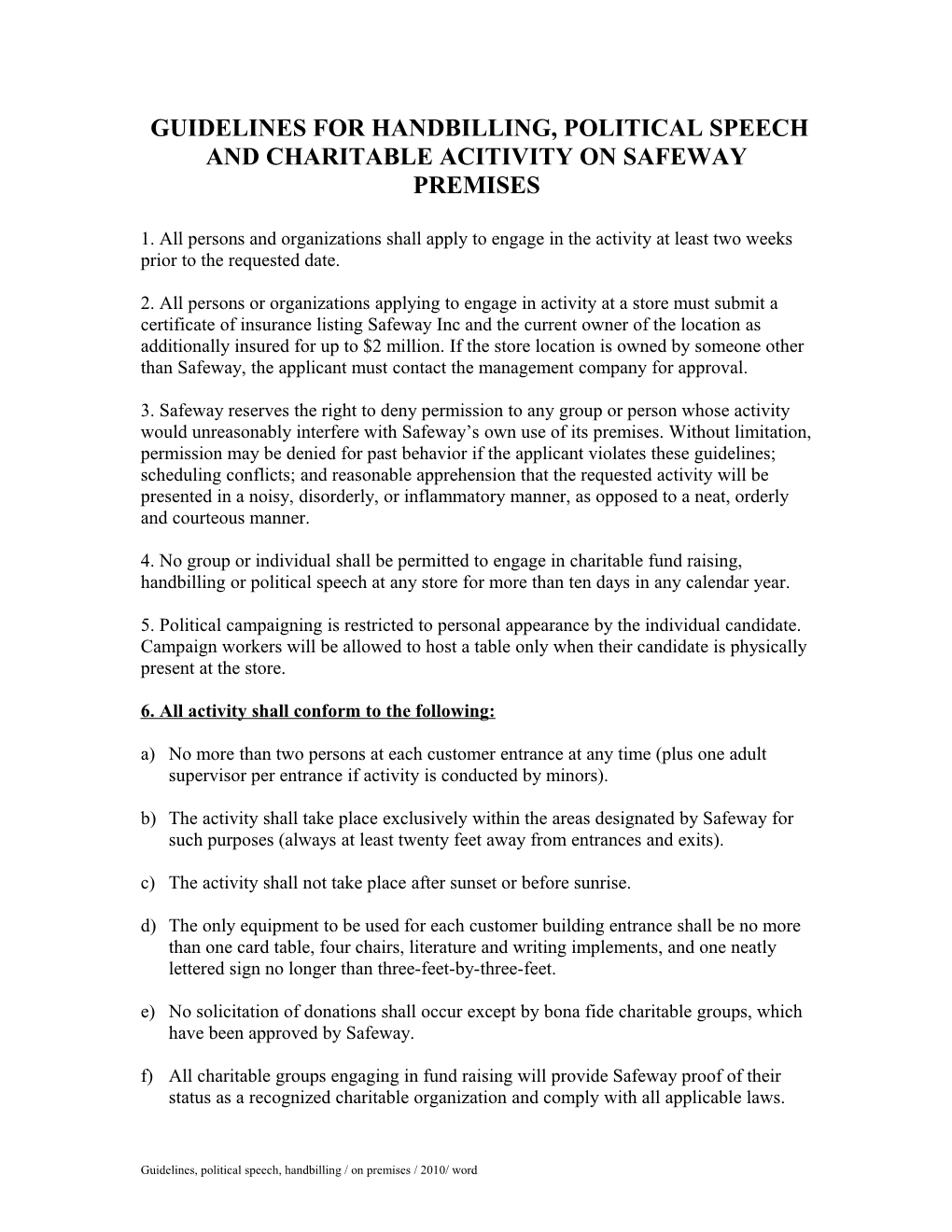 Guidelines for Handbilling, Political, Speech and Charitable Acitivity on Safeway Premises