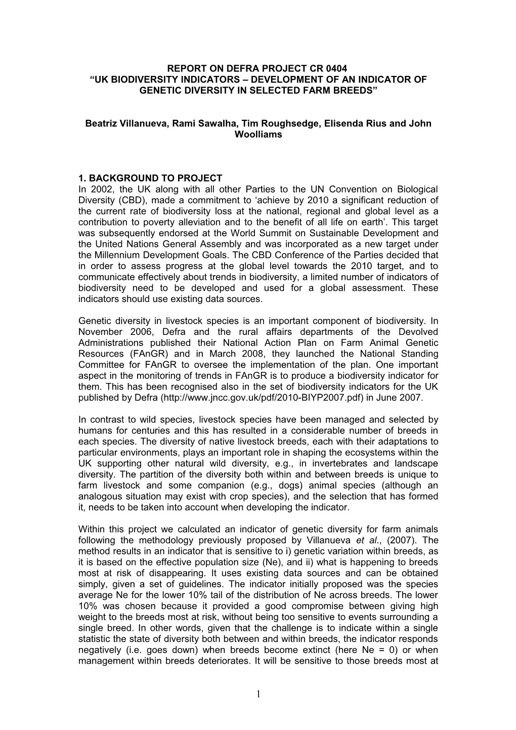 Uk Biodiversity Indicators Development of an Indicator of Genetic Diversity in Selected