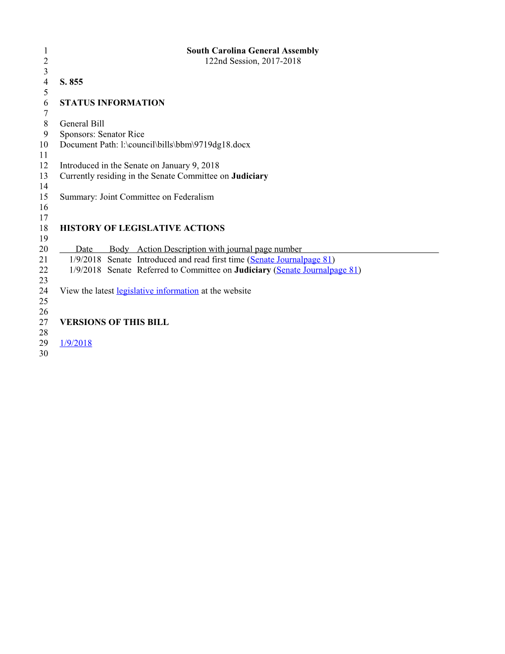 2017-2018 Bill 855: Joint Committee on Federalism - South Carolina Legislature Online