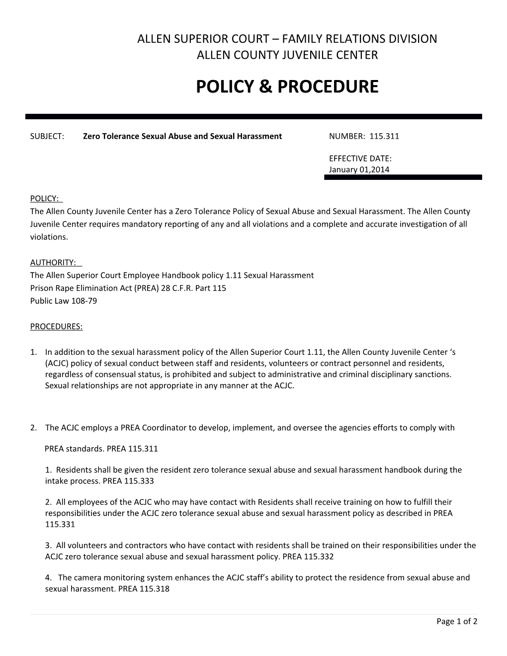 The Allen Superior Court Employee Handbook Policy 1.11 Sexual Harassment
