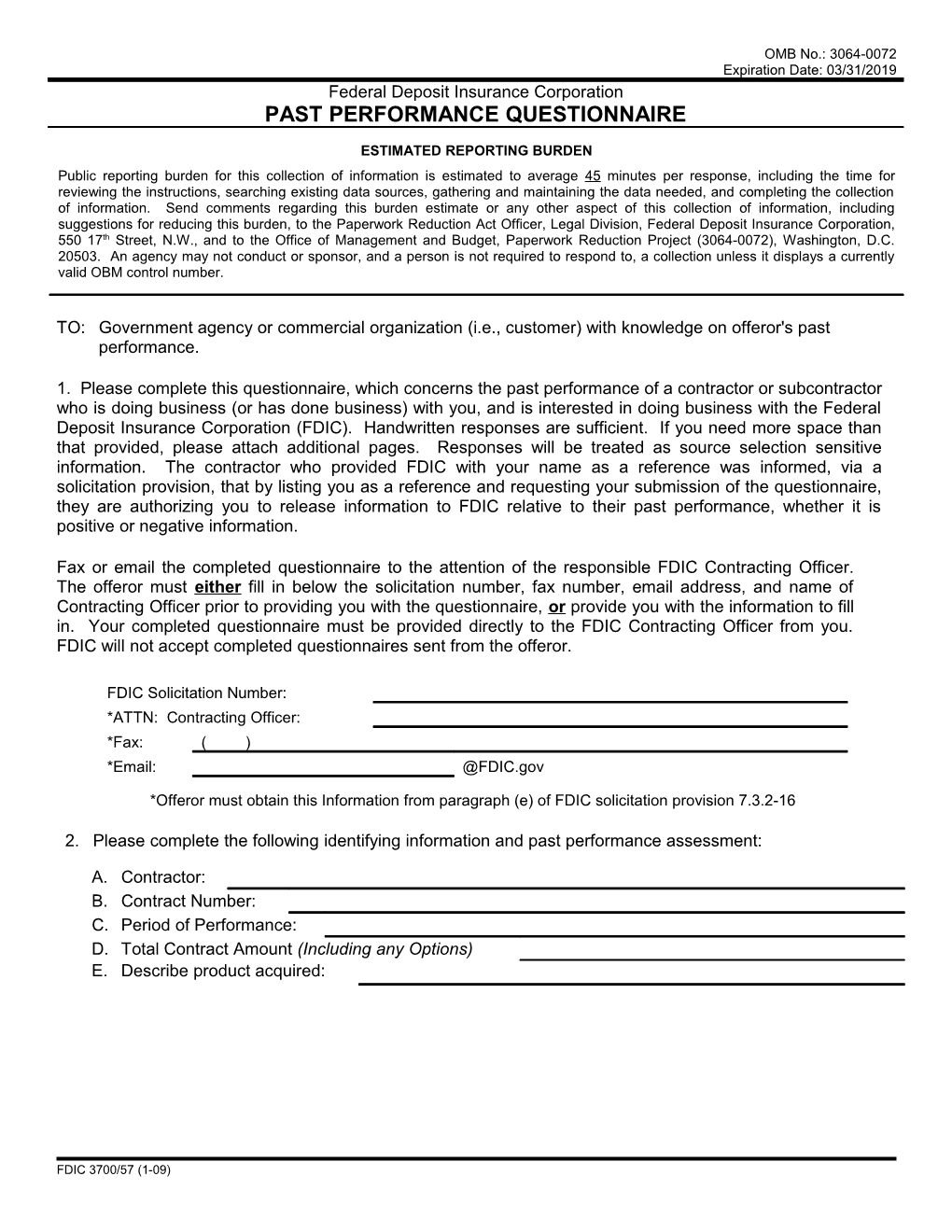 FDIC 3700/57, Past Performance Questionnaire