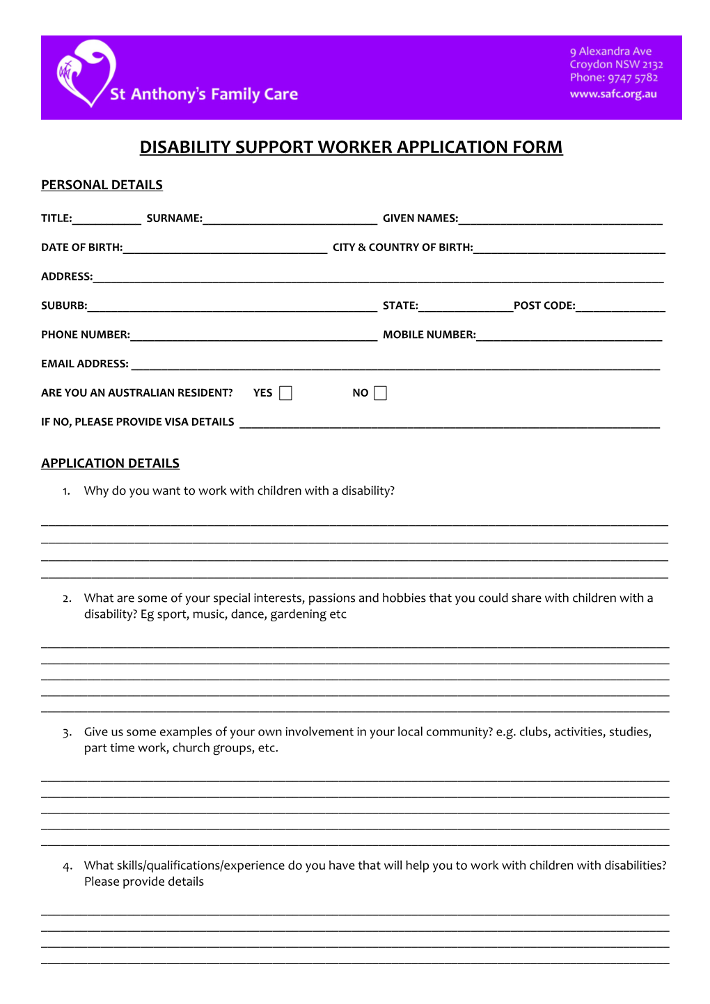 Disability Support Worker Application Form