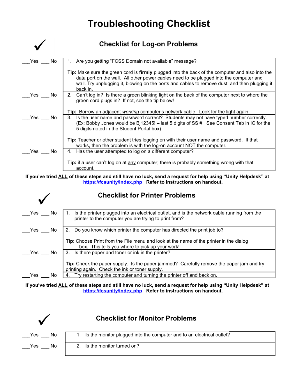 Troubleshooting Checklist