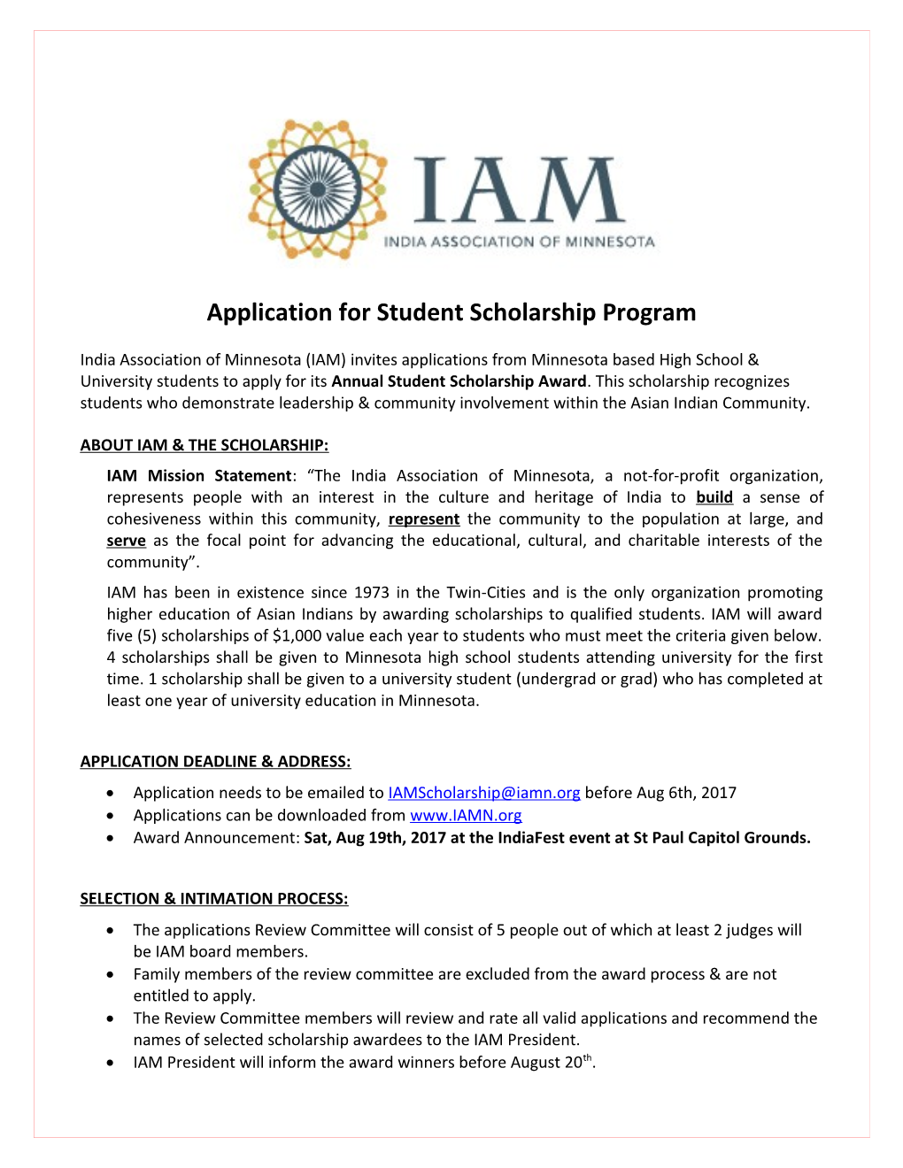 Application for Student Scholarship Program
