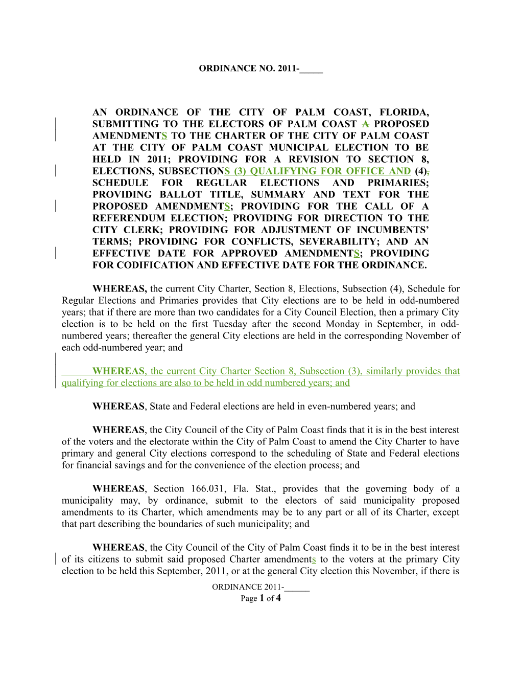 An Ordinance of the City of Palm Coast, Florida, Submitting to the Electors of Palm Coast