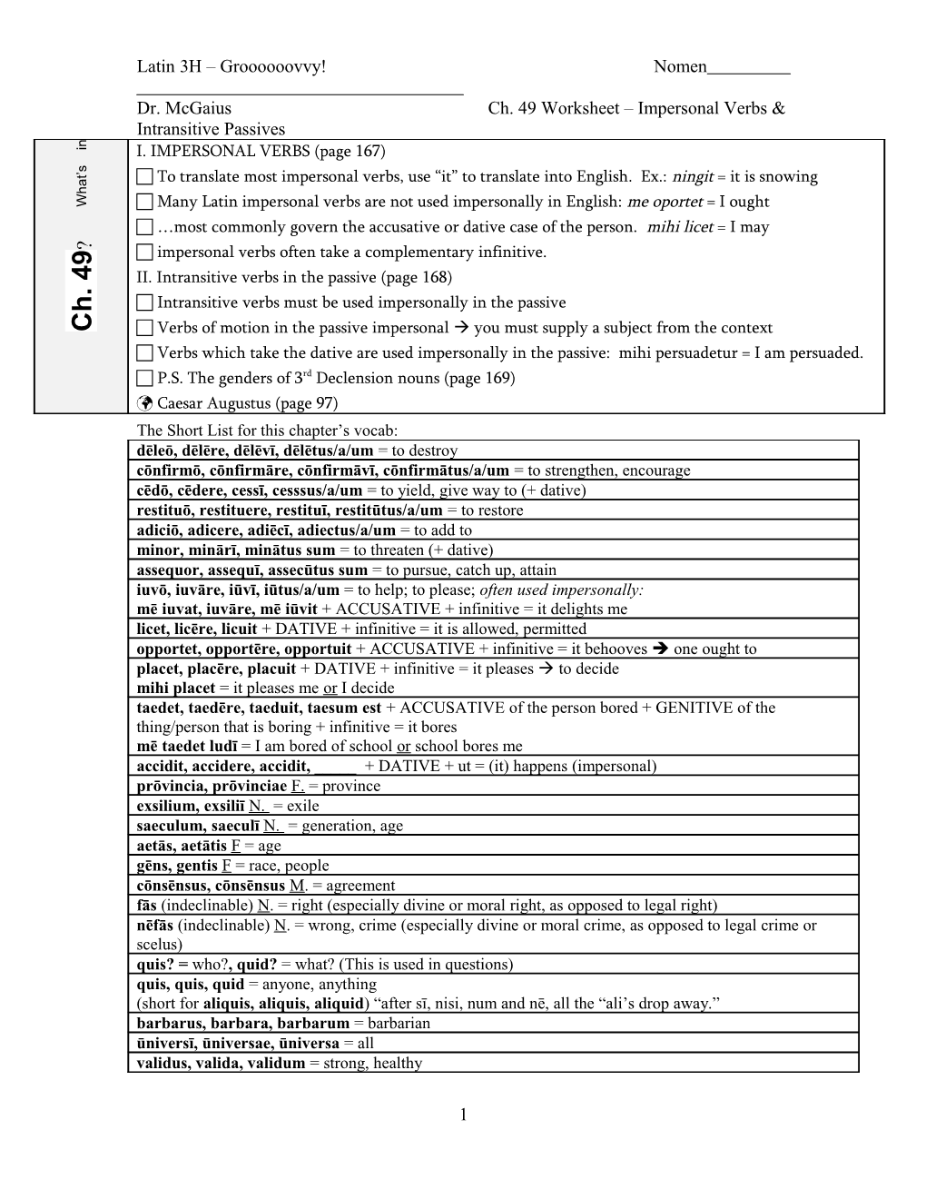 Dr. Mcgaiusch. 49 Worksheet Impersonal Verbs & Intransitive Passives