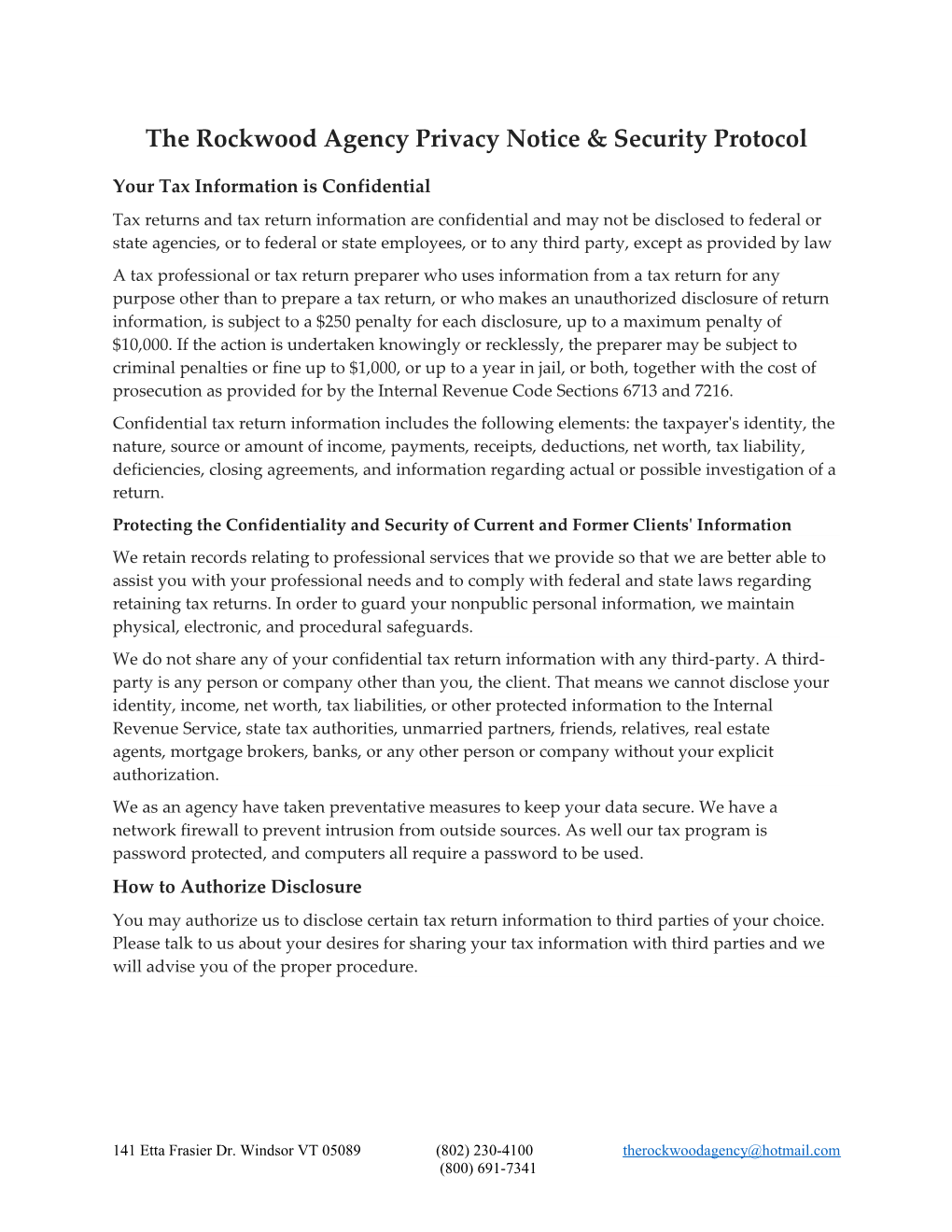 The Rockwood Agency Privacy Notice & Security Protocol