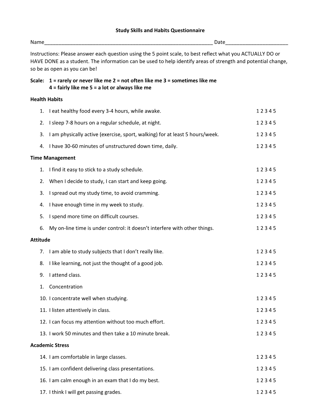 Study Skills and Habits Questionnaire