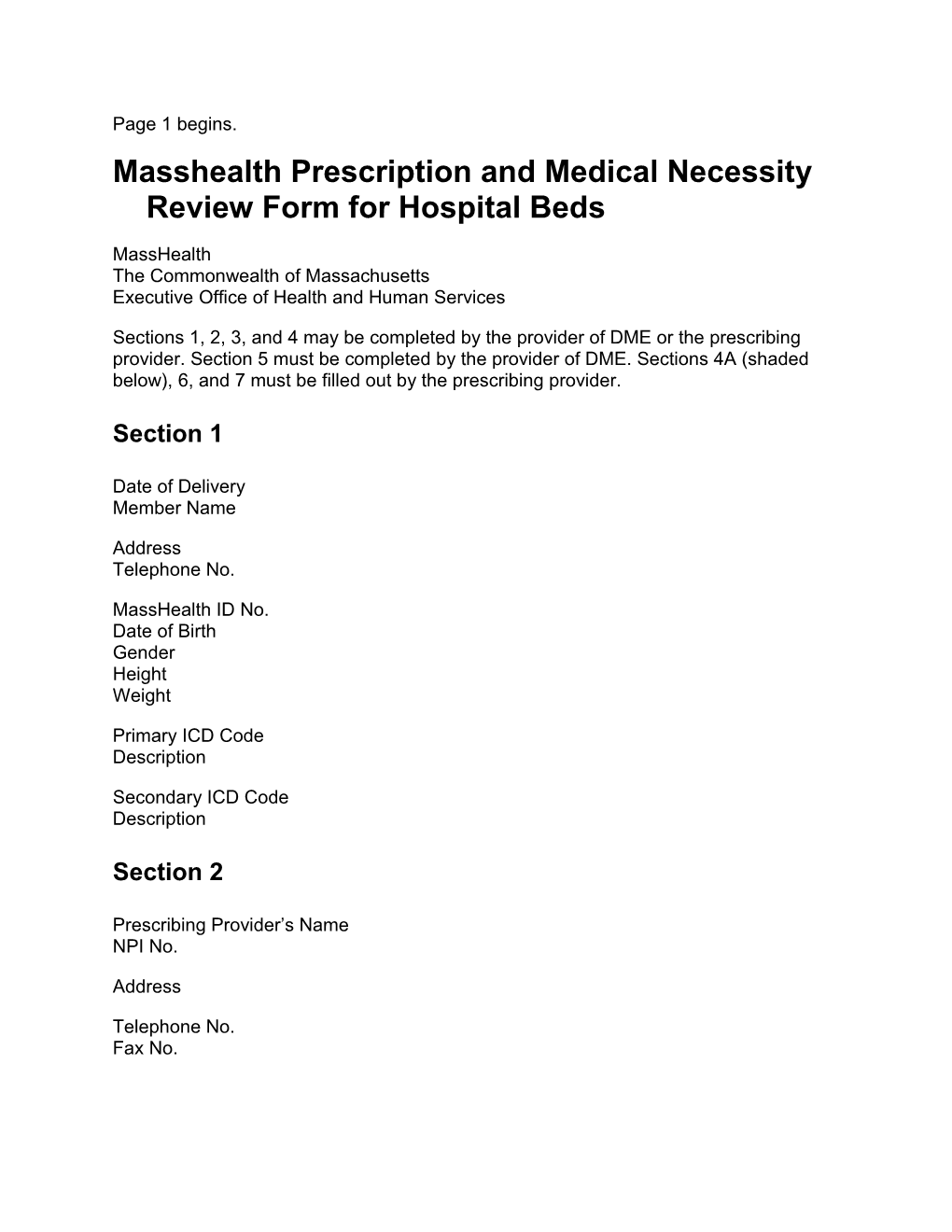 Masshealth Prescription and Medical Necessity Review Form for Hospital Beds