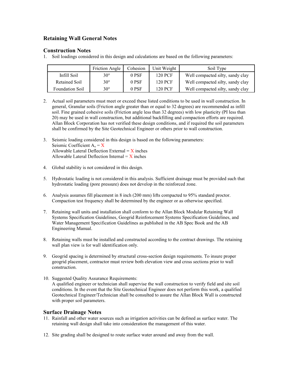 Retaining Wall General Notes