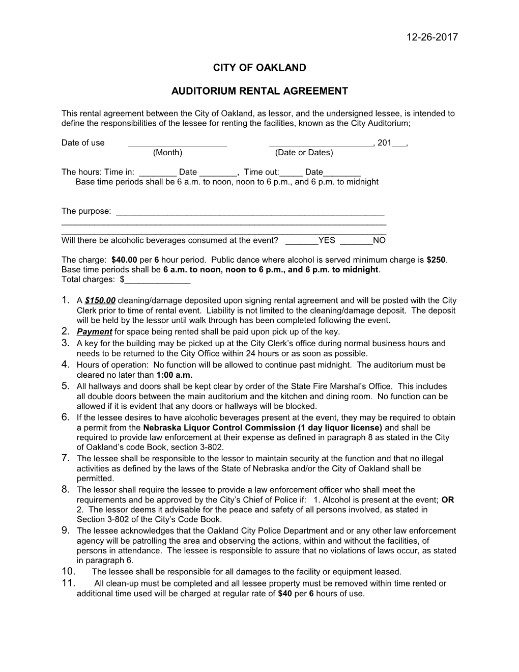 Auditorium Rental Agreement