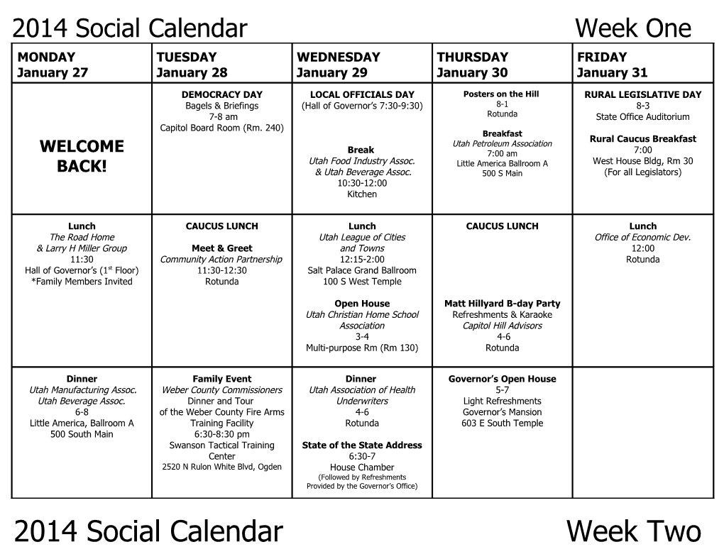 2014 Social Calendar Week One