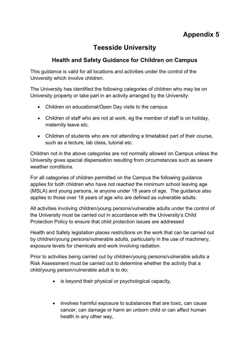 Health and Safety Guidance for Children on Campus