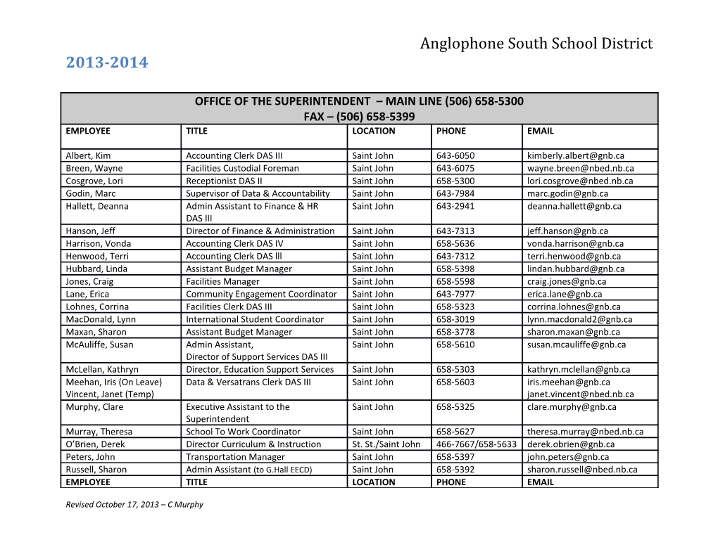 Anglophone South School District ASD-S Master Phone List 2013 2014