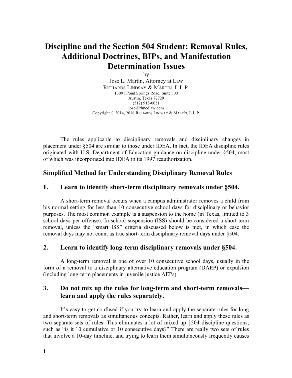 Discipline and the Section 504 Student: Removal Rules, Additional Doctrines, Bips, And