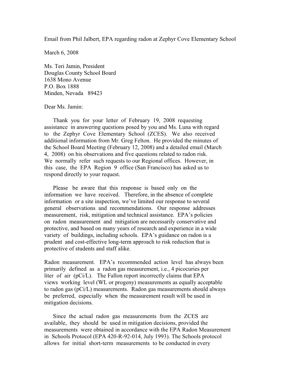 Email from Phil Jalbert, EPA Regarding Radon at Zephyr Cove Elementary School
