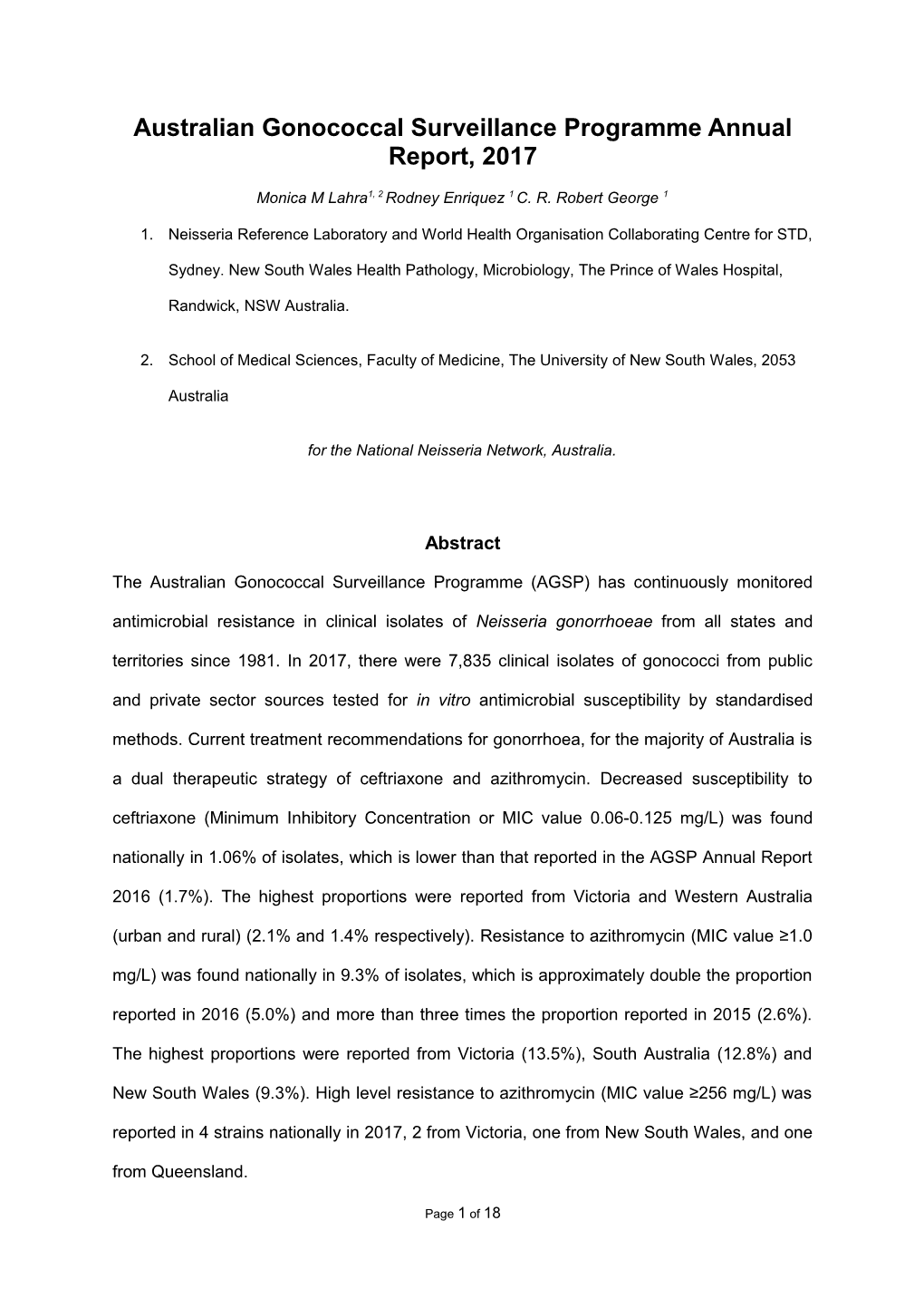 Australian Gonococcal Surveillance Programmeannual Report, 2017