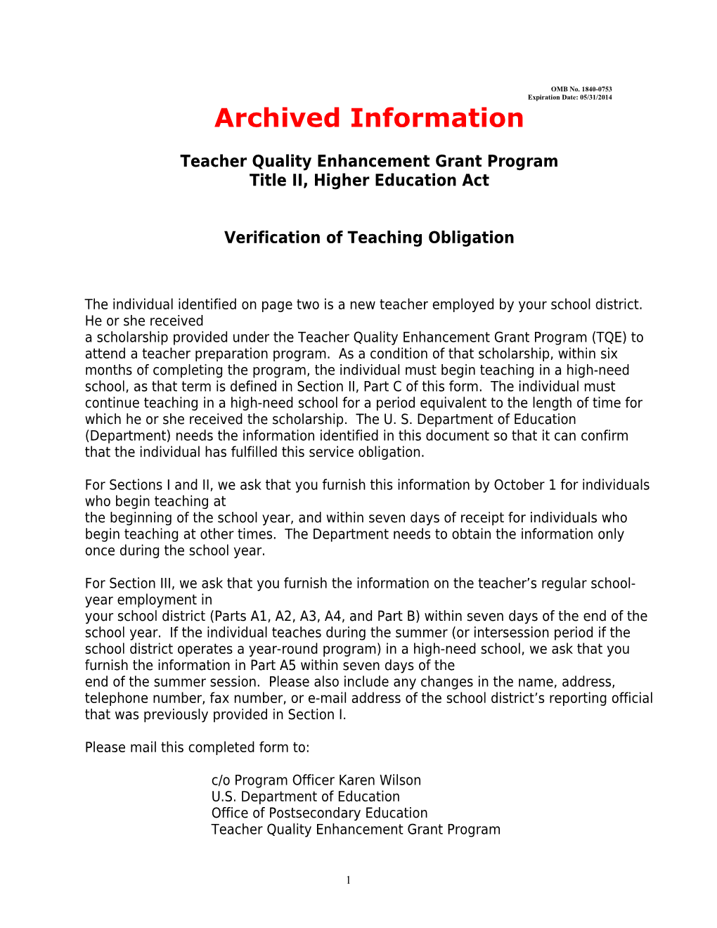 Archived: Verification of Teaching Obligation Form Teacher Quality Enhancement Grants Program