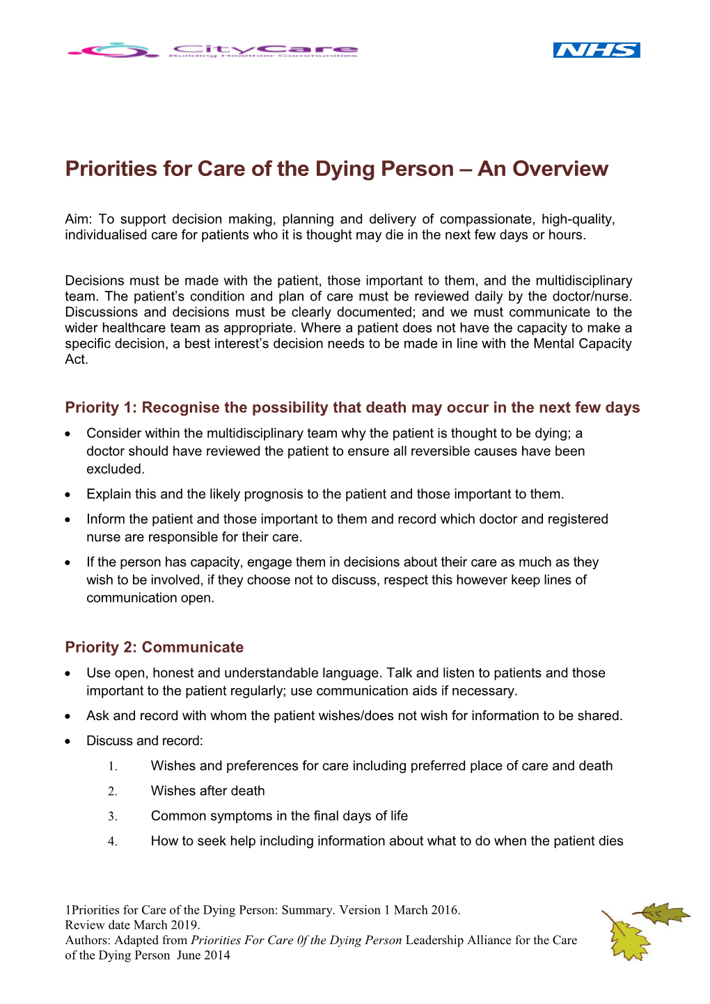 Priorities for Care of the Dying Person an Overview