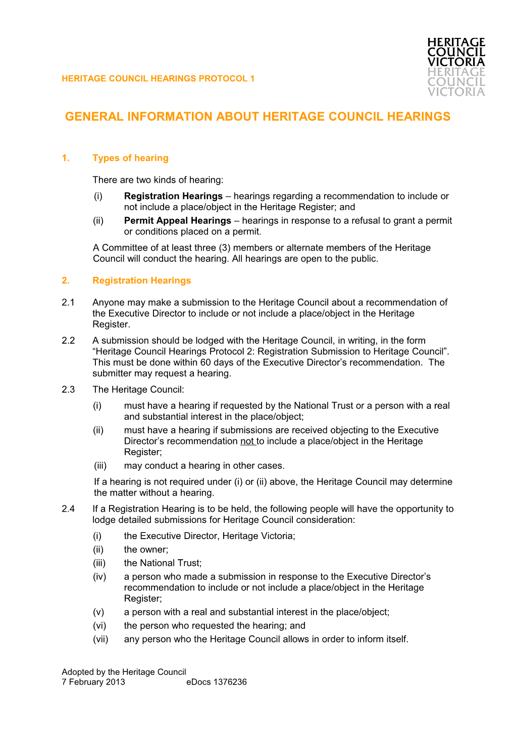 Heritage Council Hearings Protocol 1