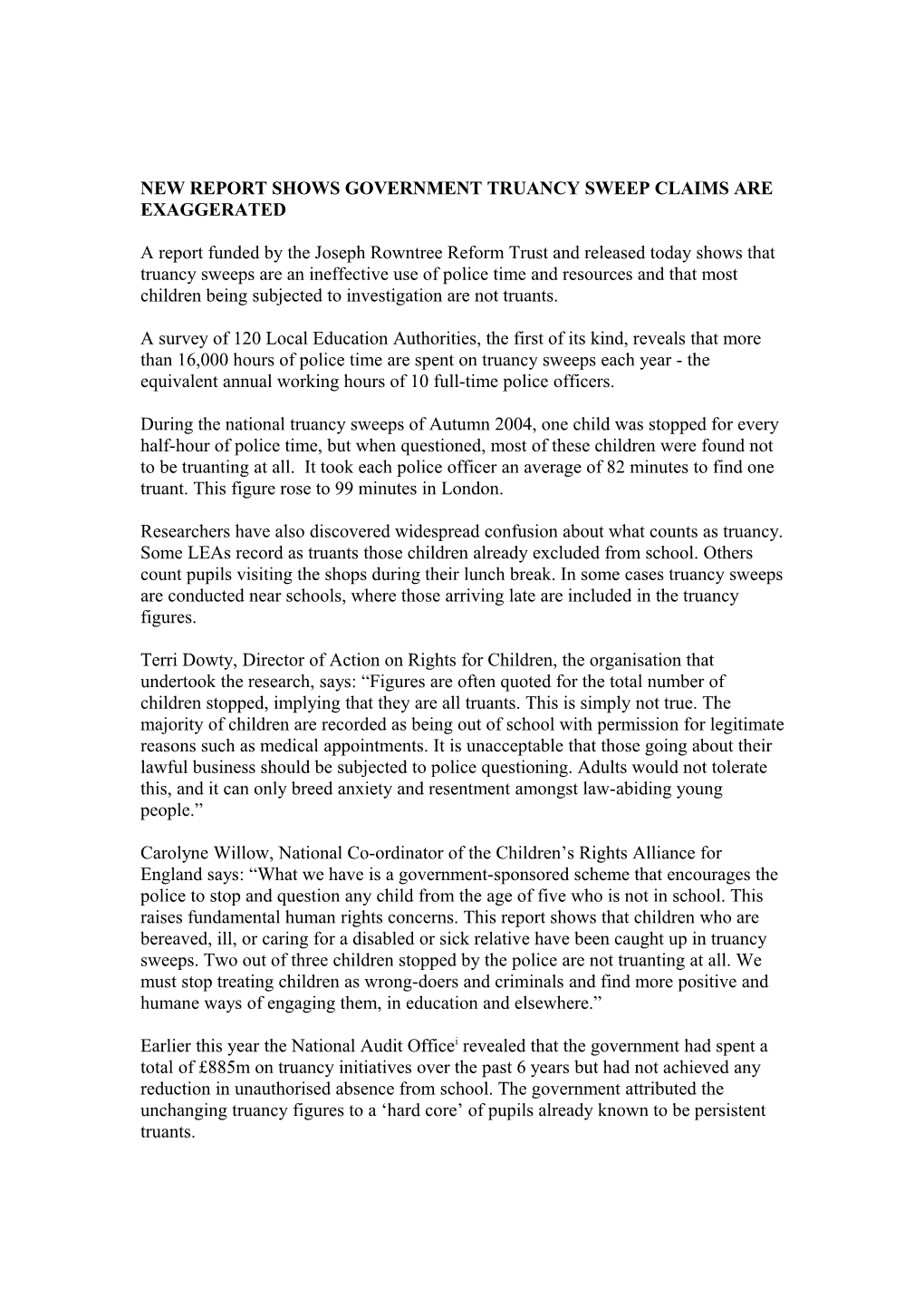 Truancy Sweep Report: Press Release