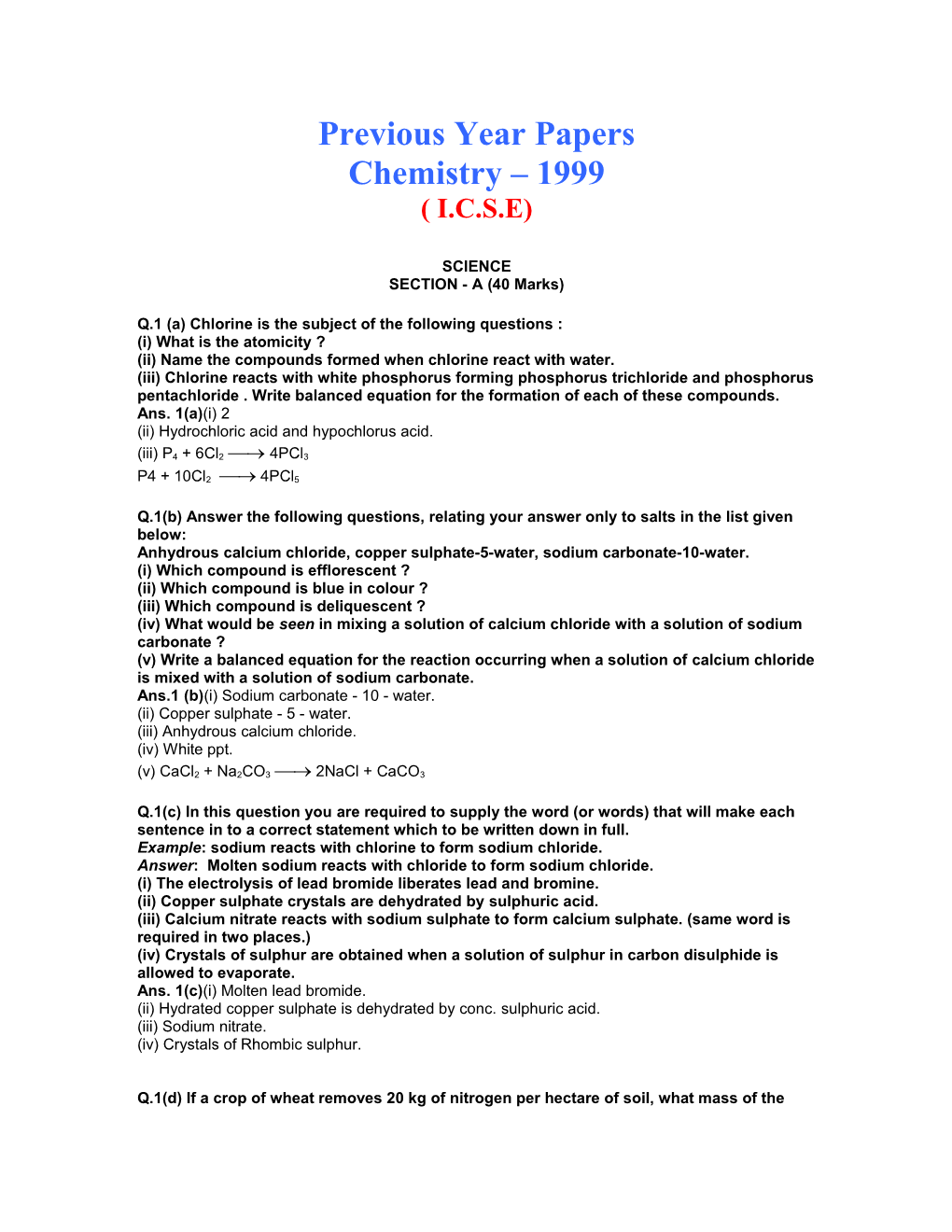 Previous Year Papers Chemistry 1999 ( I.C.S.E)