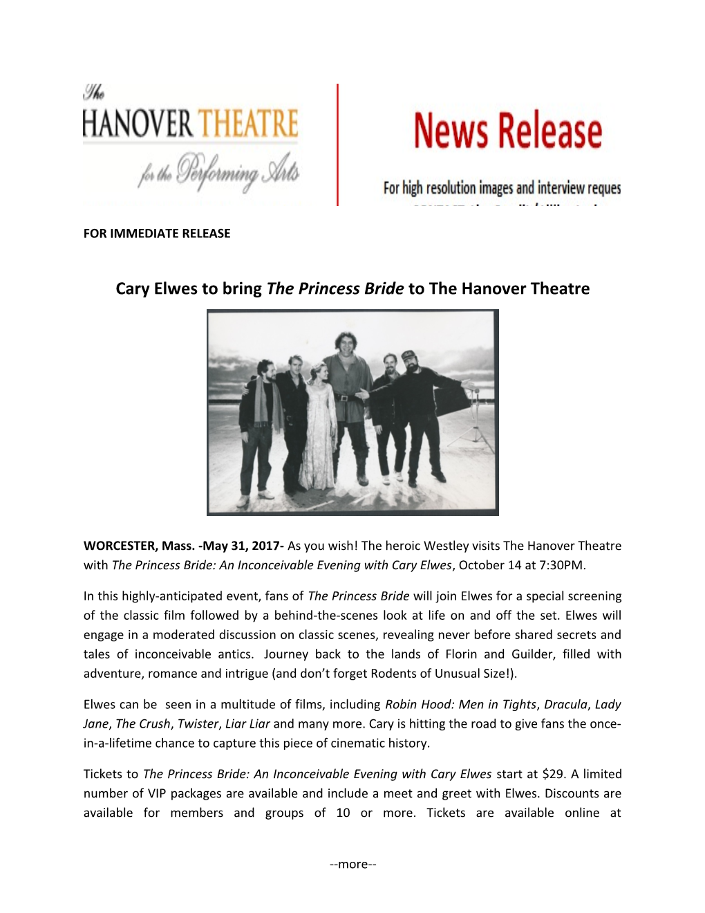 Cary Elwes to Bring the Princess Bride to the Hanover Theatre