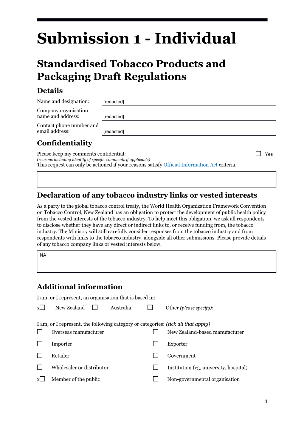 Standardised Tobacco Products and Packaging Draft Regulations - Submissions 1-10