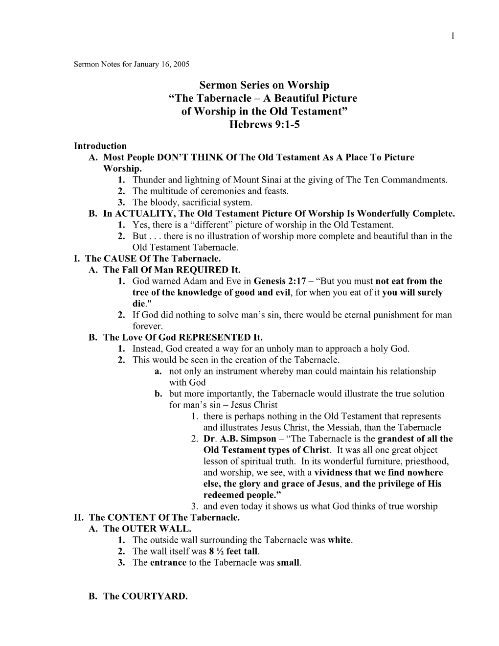Sermon Notes for January 16, 2005