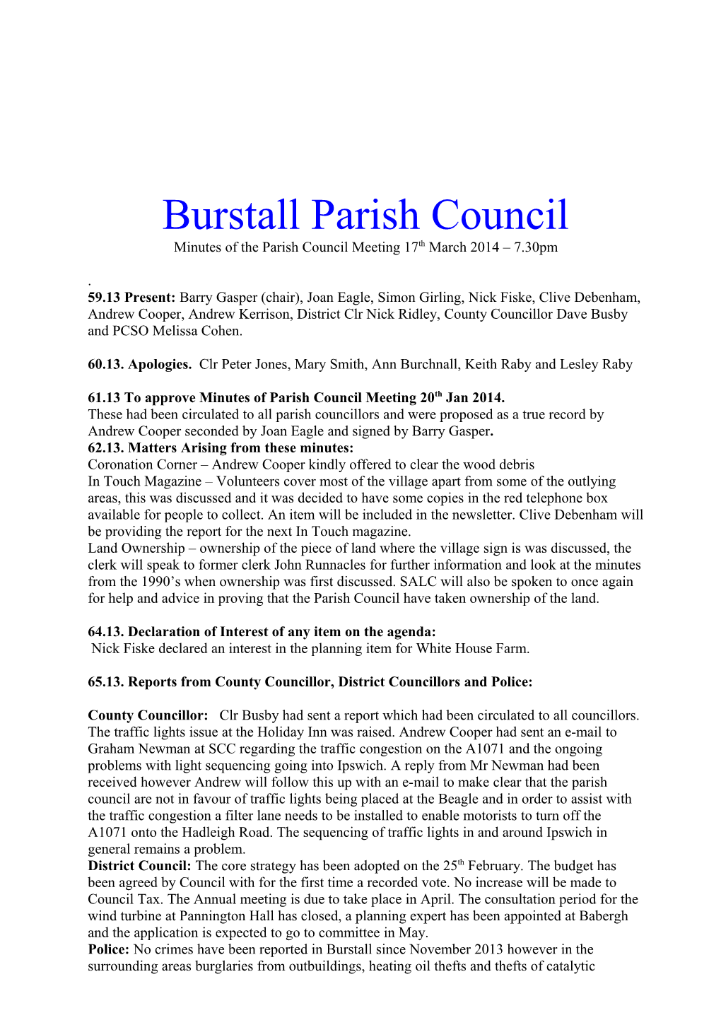 Minutes of the Parish Council Meeting 17Thmarch 2014 7.30Pm