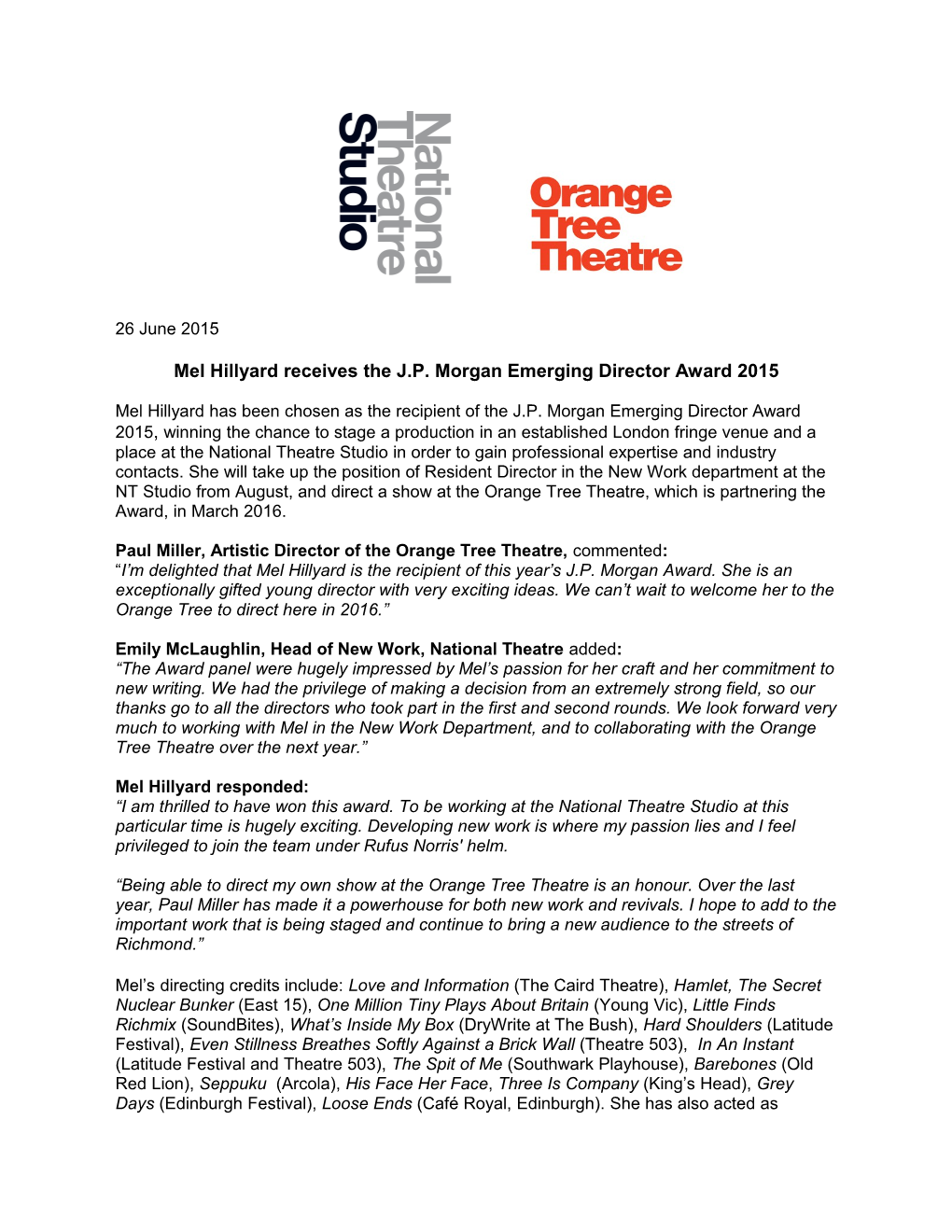 Mel Hillyard Receives the J.P. Morgan Emerging Director Award 2015