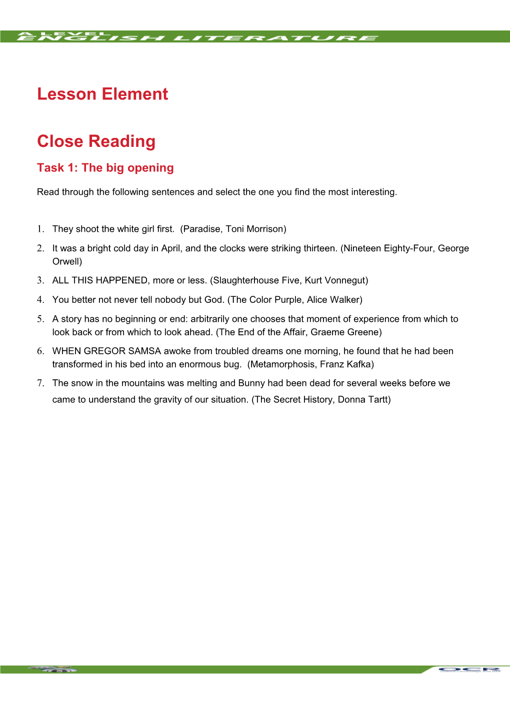 A Level English Literature Lesson Element Learner Activity (Closed Reading)