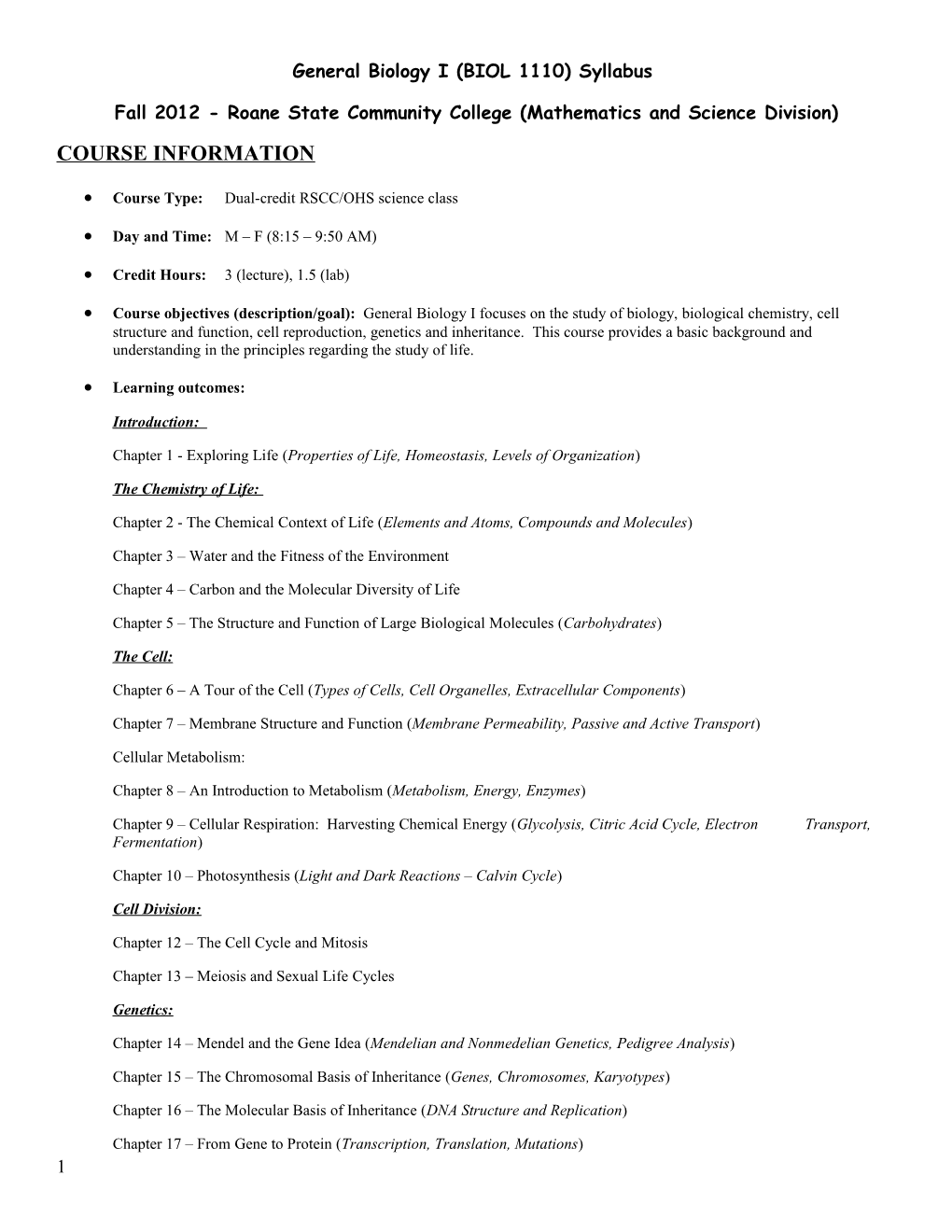 General Biology I (BIOL 1110) Syllabus