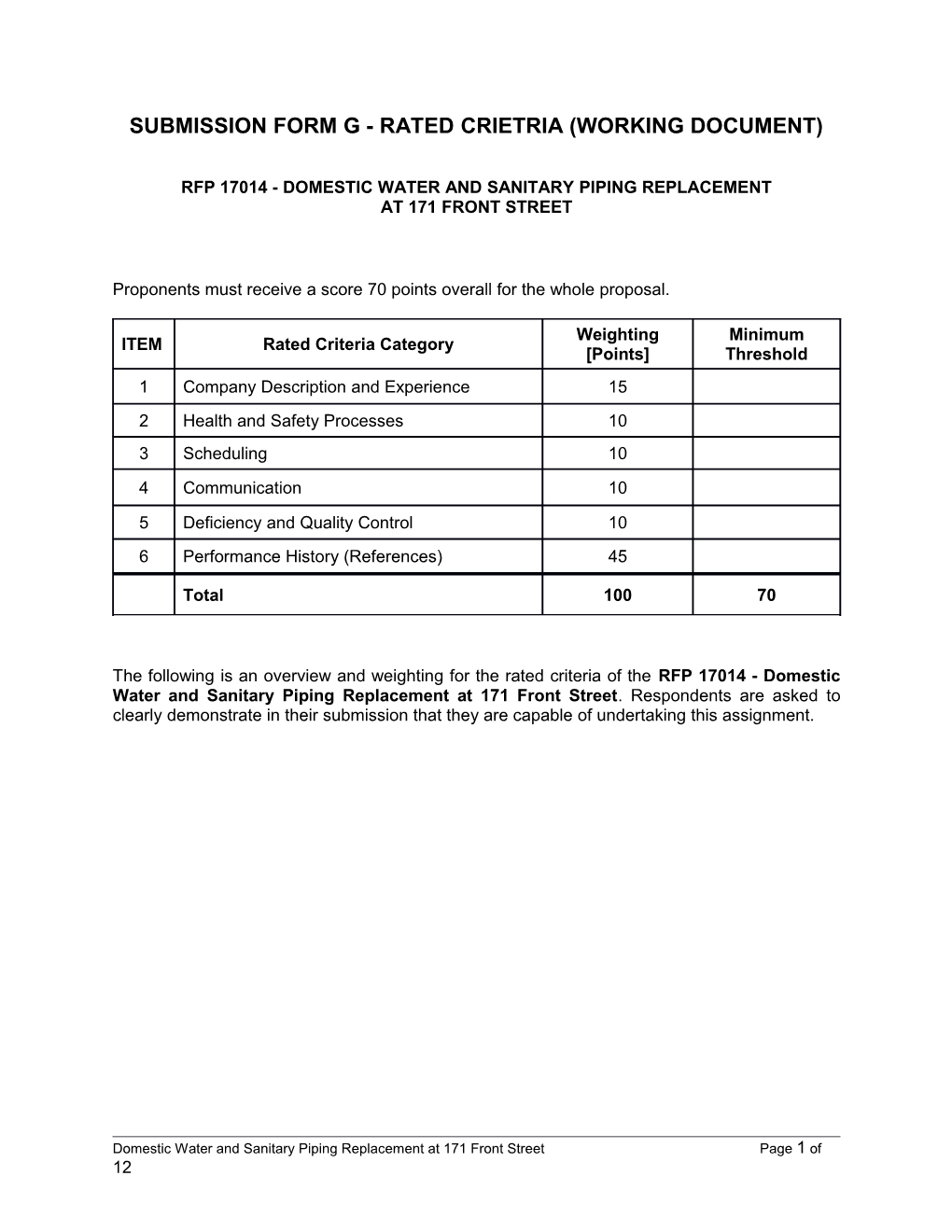 Submission Form G - Rated Crietria (Working Document)