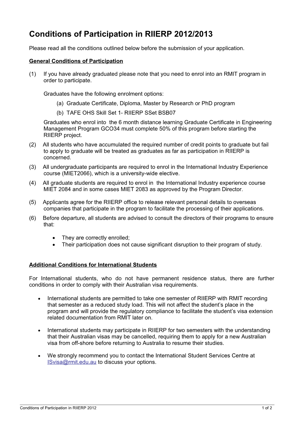 Conditions of Participation in RIIERP