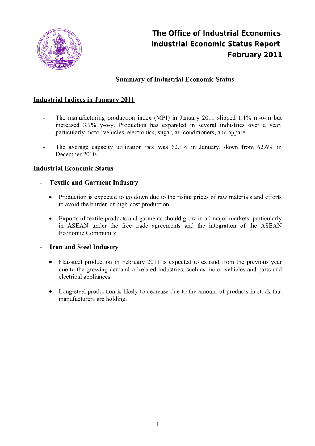 Summary of Industrial Economic Status