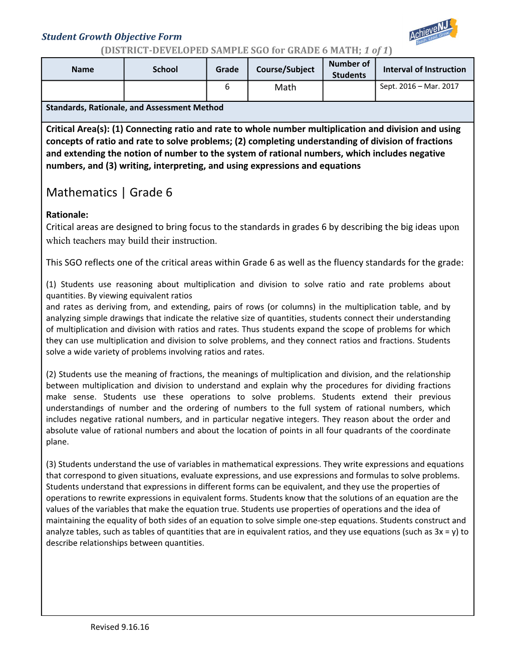 DISTRICT-DEVELOPED SAMPLE SGO for GRADE 6 MATH; 1 of 1