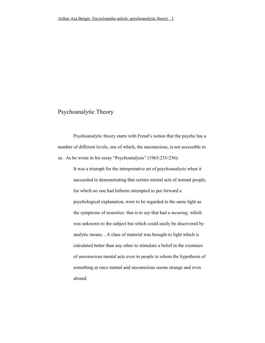 Arthur Asa Berger Encyclopedia Article: Psychoanalytic Theory 1