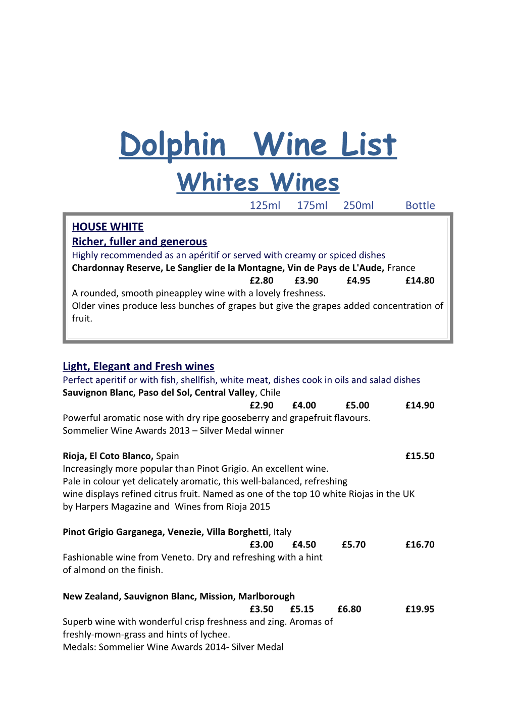 Suggested Wine List- Kilkenny Inn