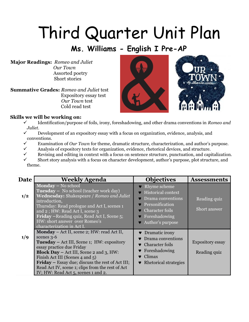 Third Quarter Unit Plan