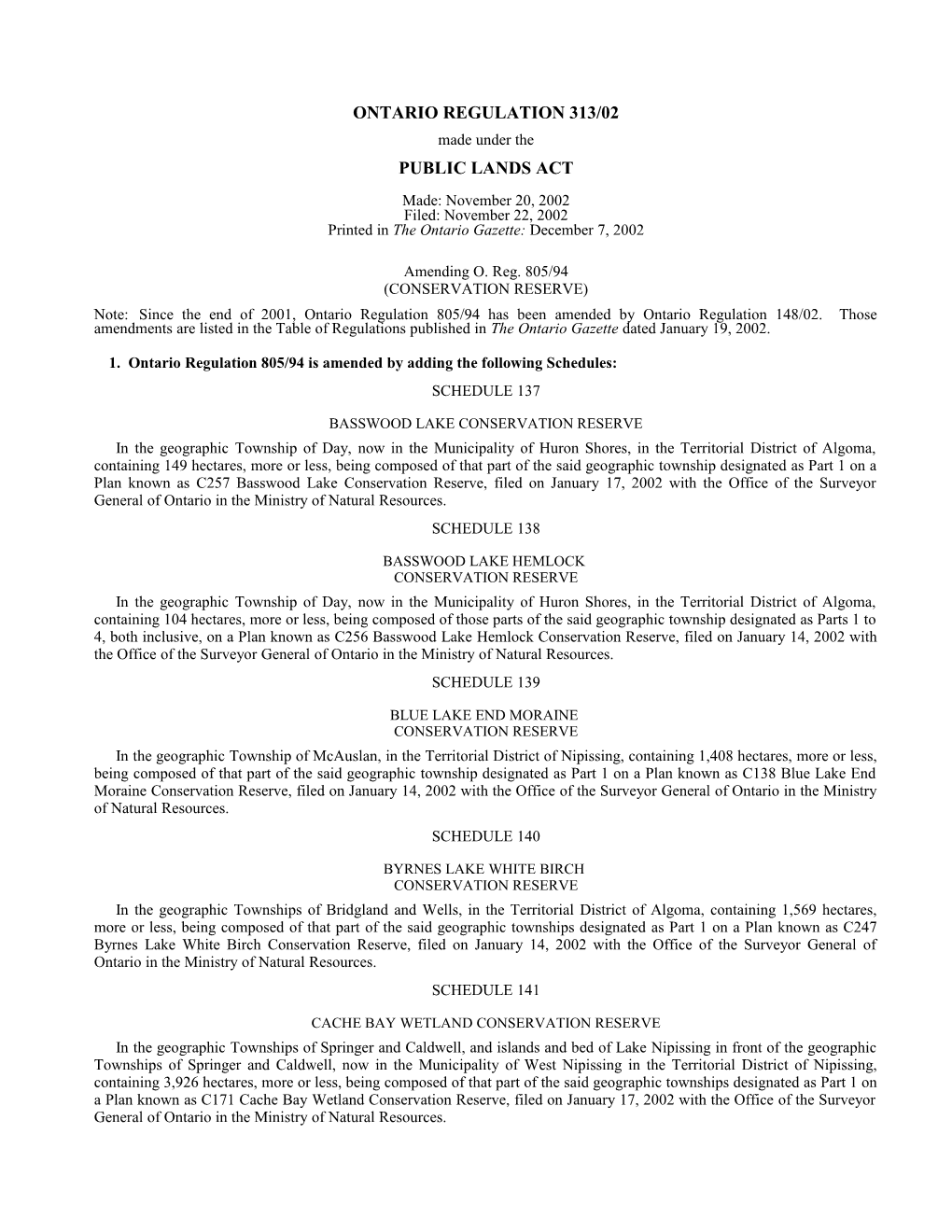 PUBLIC LANDS ACT - O. Reg. 313/02