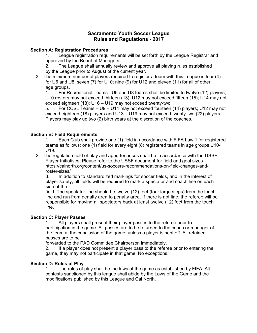 Sacramento Youth Soccer League Rules and Regulations-2017