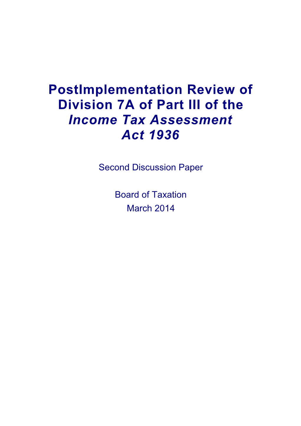 Post-Implementation Review Division 7A of Part III of the Income Tax Assessment Act 1936