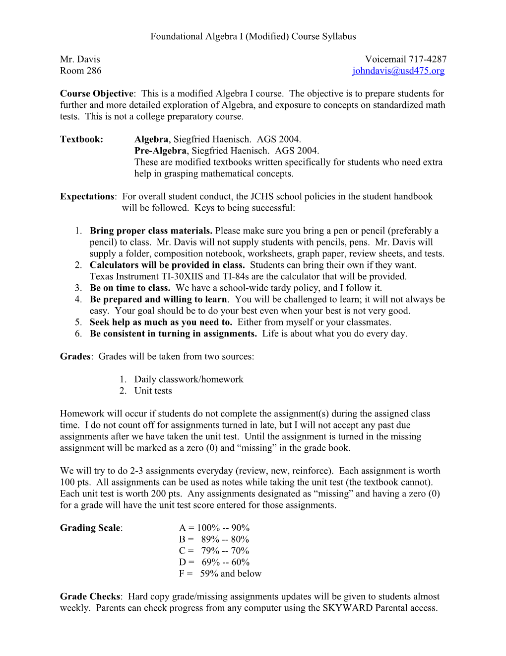 Cognitive Tutor Algebra (Modified) Course Syllabus