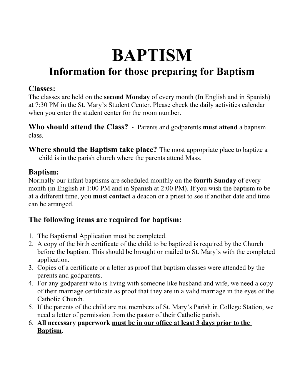 Information for Those Preparing for Baptism